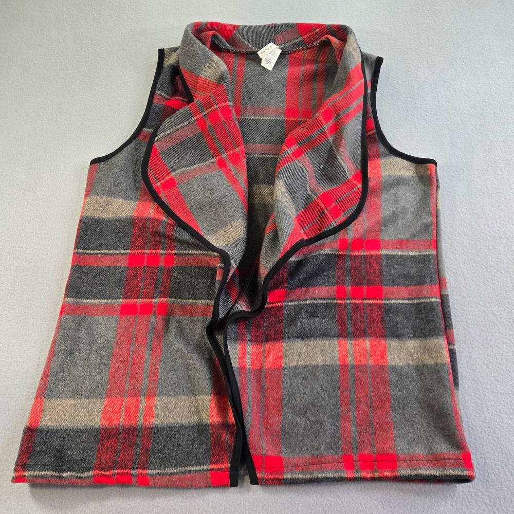 Now N Forever Vest Womens 2X Red Plaid Open Front Draped Shawl Collar Fleece